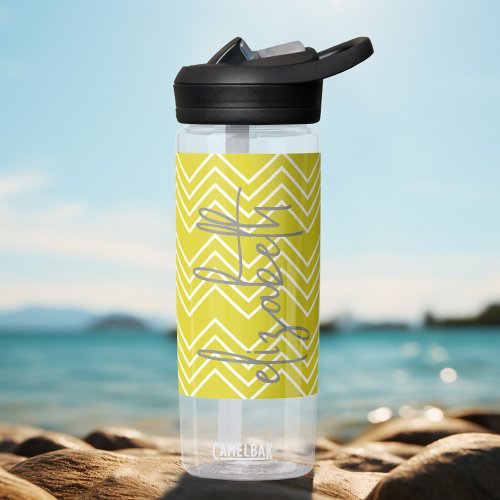 Trendy Chevron Pattern large script name yellow Water Bottle