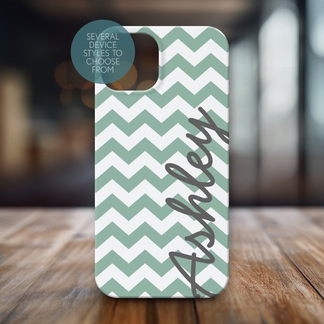 Trendy Chevron Pattern script name - mint gray Case-Mate iPhone Case (Personalized Phone Case with Chevrons and Custom Name)
