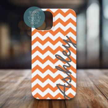 Trendy Chevron Pattern With Name - Orange Gray Case-mate Iphone 14 Pro Max Case by icases at Zazzle