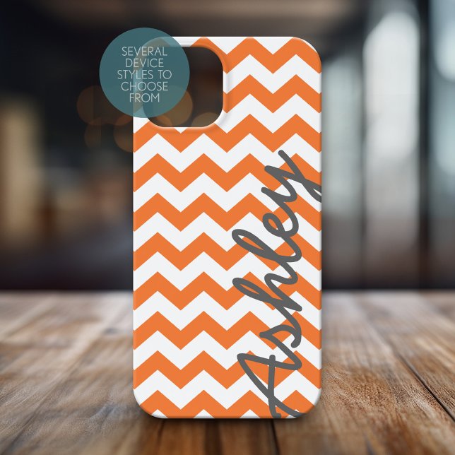 Trendy Chevron Pattern with name - orange gray Case-Mate iPhone Case (Personalized Phone Case with Chevrons and Custom Name)