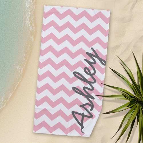 Trendy Chevron Pattern with name _ pastel pink Beach Towel