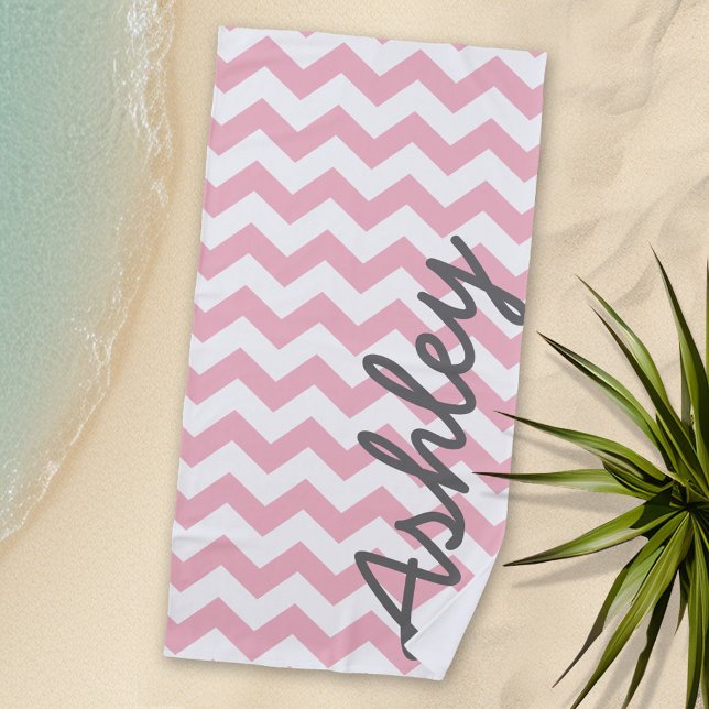 Trendy Chevron Pattern with name - pastel pink Beach Towel (Personalized Beach Towel)