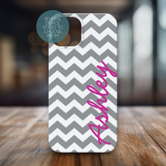 Trendy Chevron Pattern with name - pink gray Case-Mate iPhone Case (Personalized Phone Case with Chevrons and Custom Name)