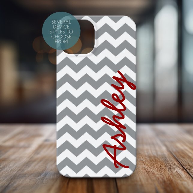 Trendy Chevron Pattern with name - red gray Case-Mate iPhone Case (Personalized Phone Case with Chevrons and Custom Name)