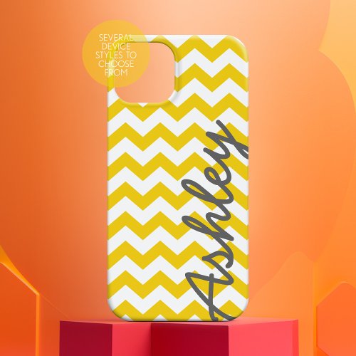 Trendy Chevron Pattern with name _ yellow gray iPhone 15 Case