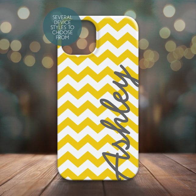 Trendy Chevron Pattern with name - yellow gray Case-Mate iPhone Case (Personalized Phone Case with Yellow Chevrons and Large Script Name on the Side)