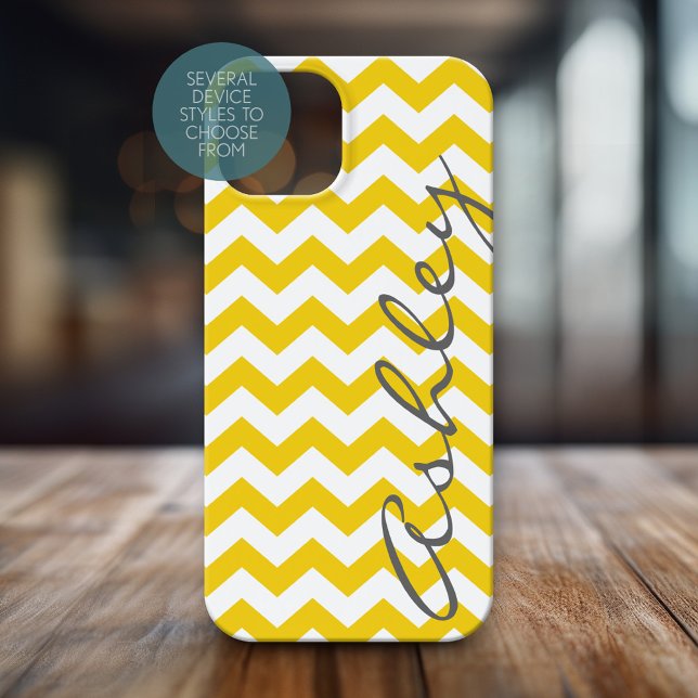 Trendy Chevron Pattern with name - yellow gray Case-Mate iPhone Case (Personalized Phone Case with Chevrons and Custom Name)
