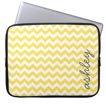 Trendy Chevron Pattern With Name - Yellow Gray Laptop Sleeve by icases at Zazzle