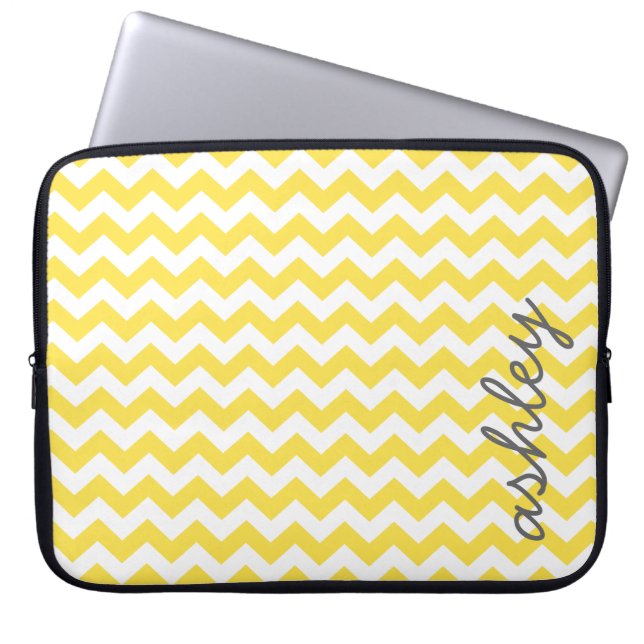 Trendy Chevron Pattern with name - yellow gray Laptop Sleeve (Front)