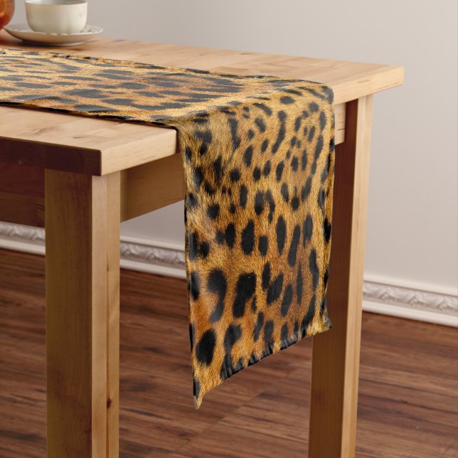 trendy chic animal pattern brown leopard print short table runner (In Situ)