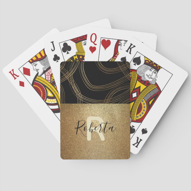 Trendy Chic Black And Bronze Glitter Glam Custom Poker Cards (Back)