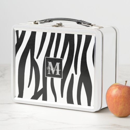 trendy chic black and white zebra stripes monogram metal lunch box