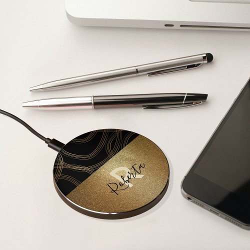 Trendy Chic Black Bronze Glitter Glam Name Initial Wireless Charger