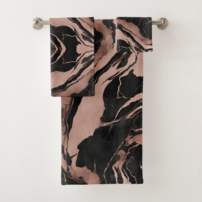Trendy Chic Black Rose Gold Marble Bath Towel Set (Insitu)