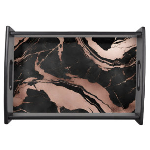 Trendy Chic Black Rose Gold Marble Serving Tray