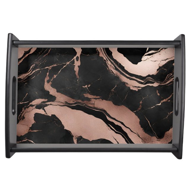 Trendy Chic Black Rose Gold Marble Serving Tray (Front)