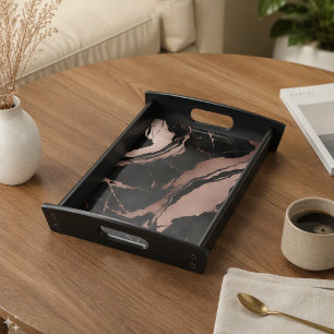 Trendy Chic Black Rose Gold Marble Serving Tray