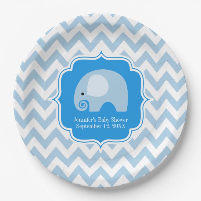 Trendy Chic Blue Elephant Baby Boy Shower Chevron Paper Plates (Front)