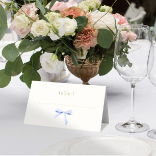 Trendy & chic Blue Ribbon Knot   Off White Wedding Place Card