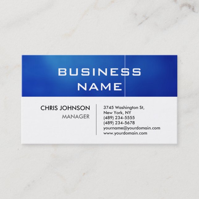 Trendy Chic Blue & White Manager Business Card (Front)