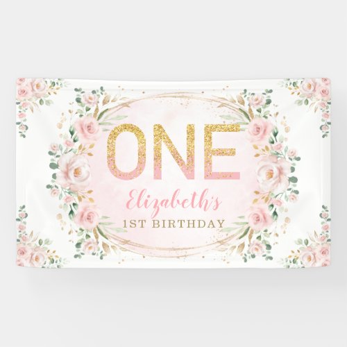 Trendy Chic Blush Gold Pink Floral 1st Birthday Banner