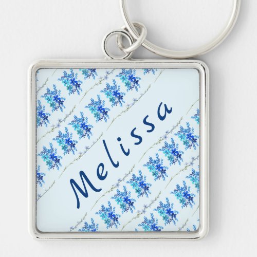 Trendy Chic Botanical Blue Watercolor Flowers Keychain