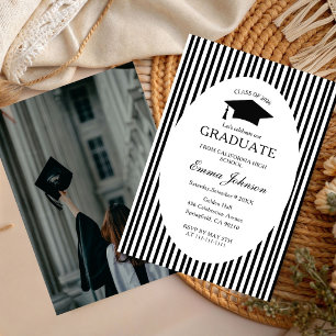 Trendy Chic Bow Minimalist Stripe Graduation Invitation
