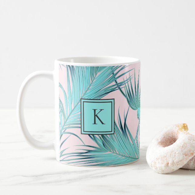 Trendy Chic Coastal Palms Pattern with Monogram Coffee Mug (With Donut)