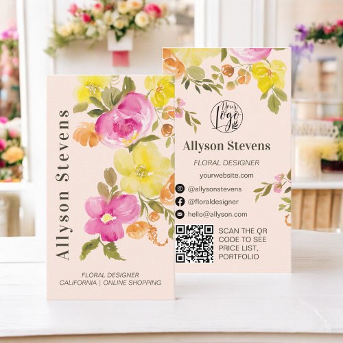 Trendy chic floral watercolor pink logo qr code business card