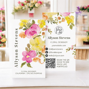 Trendy chic floral watercolor white logo qr code business card