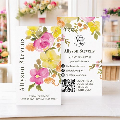Trendy chic floral watercolor white logo qr code business card