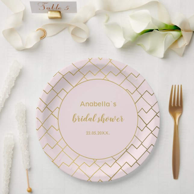 Trendy Chic Geometric Golden Blush Pink Paper Plates (Wedding)