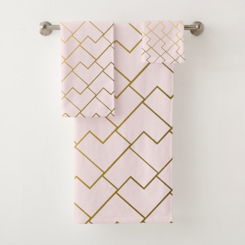 Trendy Chic Geometric Golden Blush Tiles Pattern Bath Towel Set