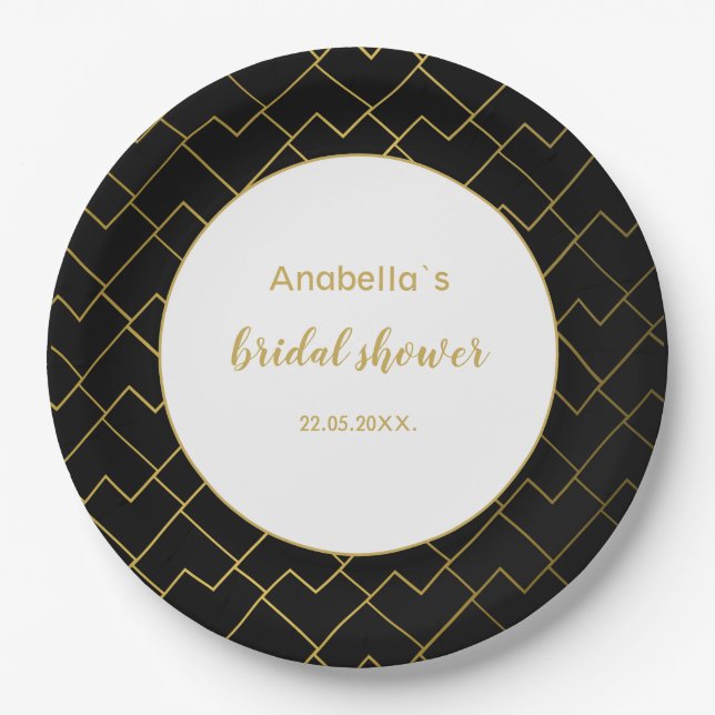 Trendy Chic Geometric Golden Blush Tiles Pattern Paper Plates (Front)