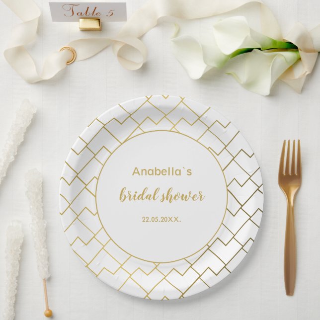 Trendy Chic Geometric Golden White Paper Plates (Wedding)