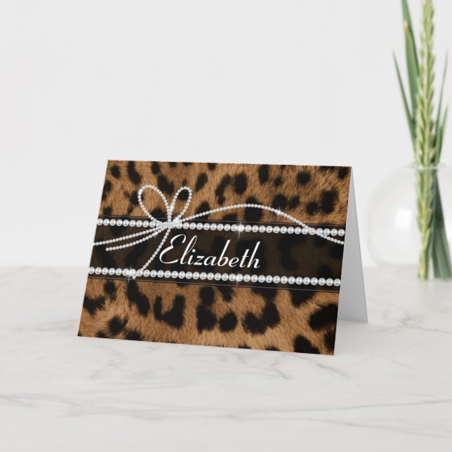 Trendy chic girly faux brown black leopard animal note card (Front)