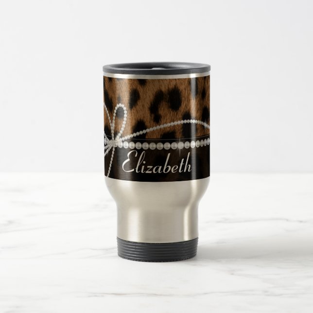Trendy chic girly faux brown black leopard animal travel mug (Center)