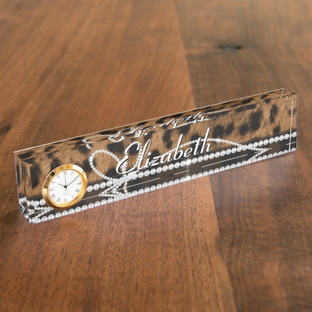 Trendy chic girly faux brown black leopard desk name plate (Side)
