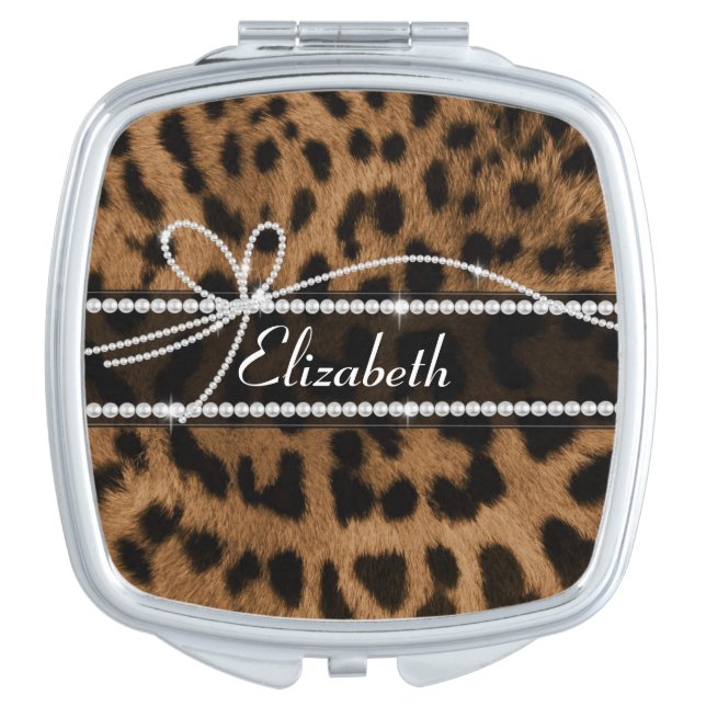 Trendy chic girly faux brown black leopard mirror for makeup (Front)