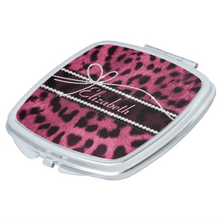 Trendy Chic Girly Faux Hot Pink Leopard Animal Fur Makeup Mirror