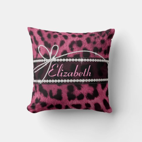 Trendy chic girly faux hot pink leopard animal fur throw pillow