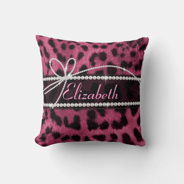 Trendy chic girly faux hot pink leopard animal fur throw pillow (Front)