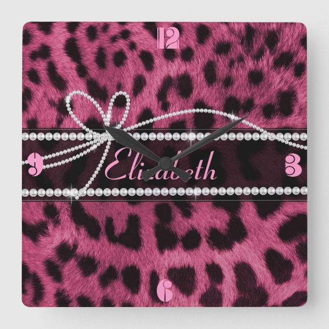 Trendy chic girly faux hot pink leopard animal square wall clock (Front)