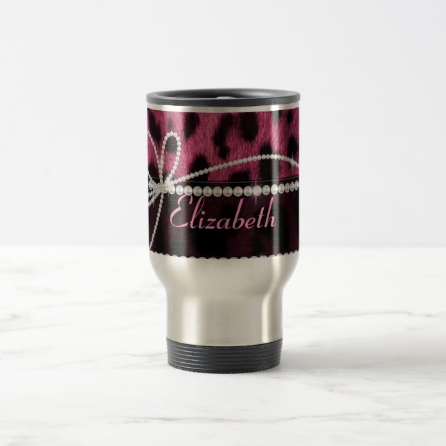 Trendy chic girly faux hot pink leopard animal travel mug (Center)