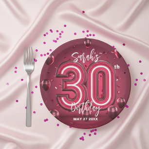 Trendy Chic Glam Metallic Neon Pink 30th Birthday Paper Plates