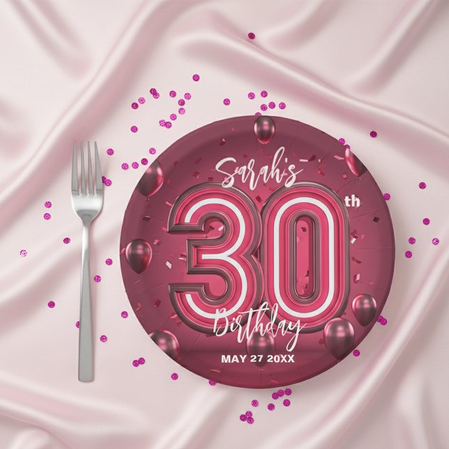 Trendy Chic Glam Metallic Neon Pink 30th Birthday Paper Plates (Creator Uploaded)
