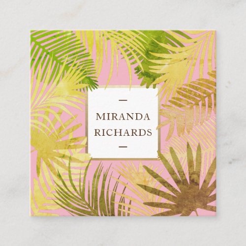 Trendy Chic Gold Green Palm Leaves on Pink Square Business Card