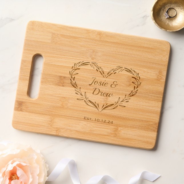 Trendy Chic Heart Couple's Name & Date Etched   Engraved Cutting Board (Wedding)