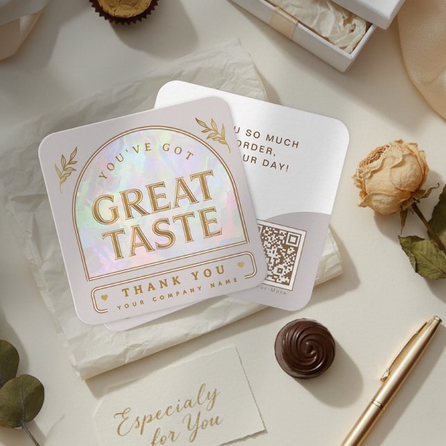 Trendy Chic Holographic Aura Arch Beige Thank you Square Business Card (Trendy Chic Holographic Aura Arch Beige Thank you Square Business Card)