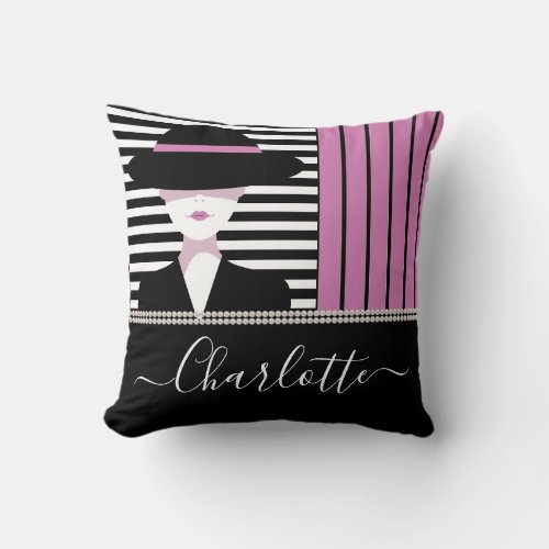 Trendy chic lady with hat throw pillow